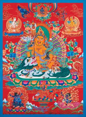 Namtose Thangka with red background | Original Hand Painted Wealth Deity | Tibetan Buddhism Art